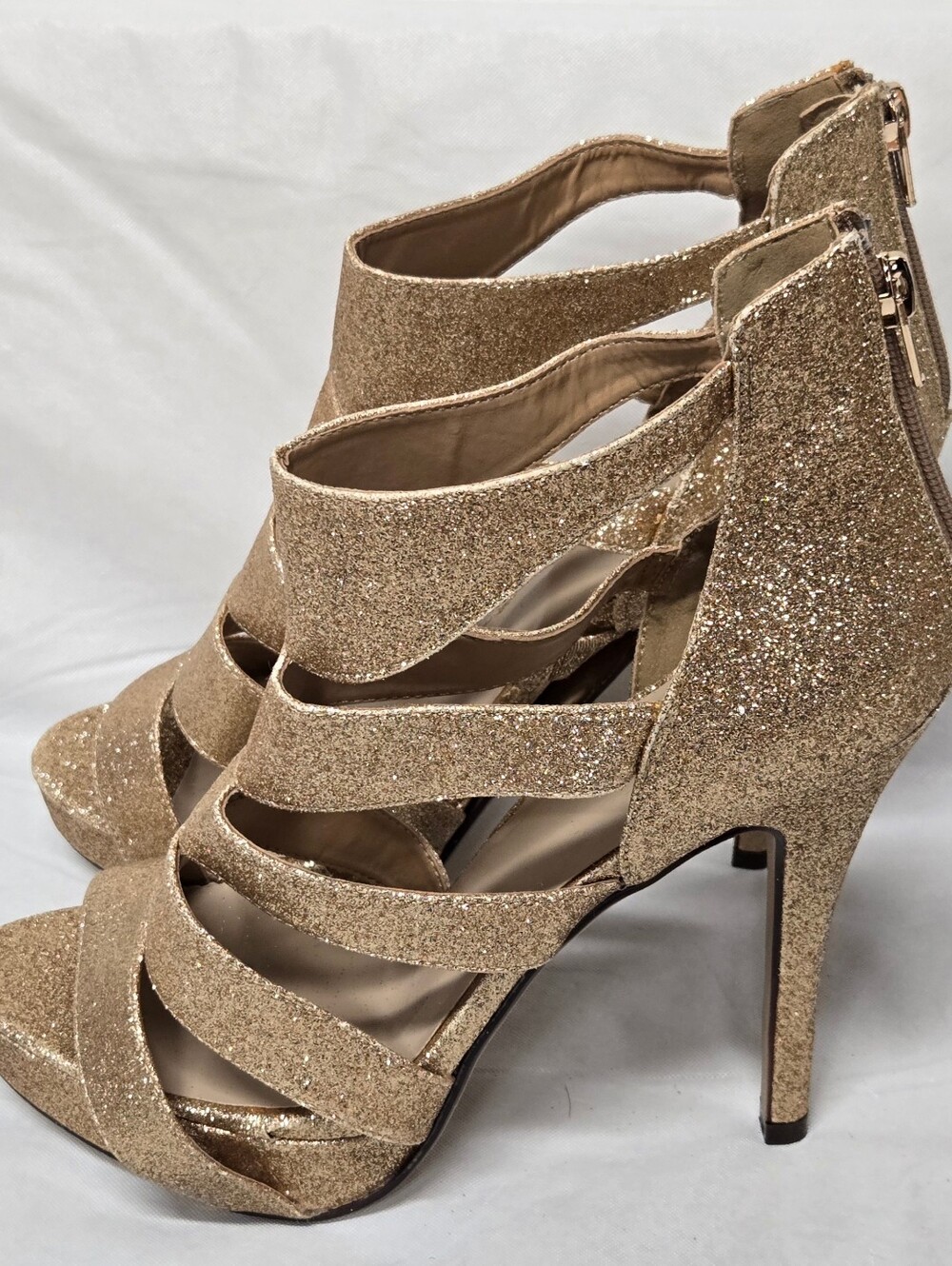 Heart In D Gold Glitter Caged Strappy Stiletto Heels Sandals Champagne Gold 9